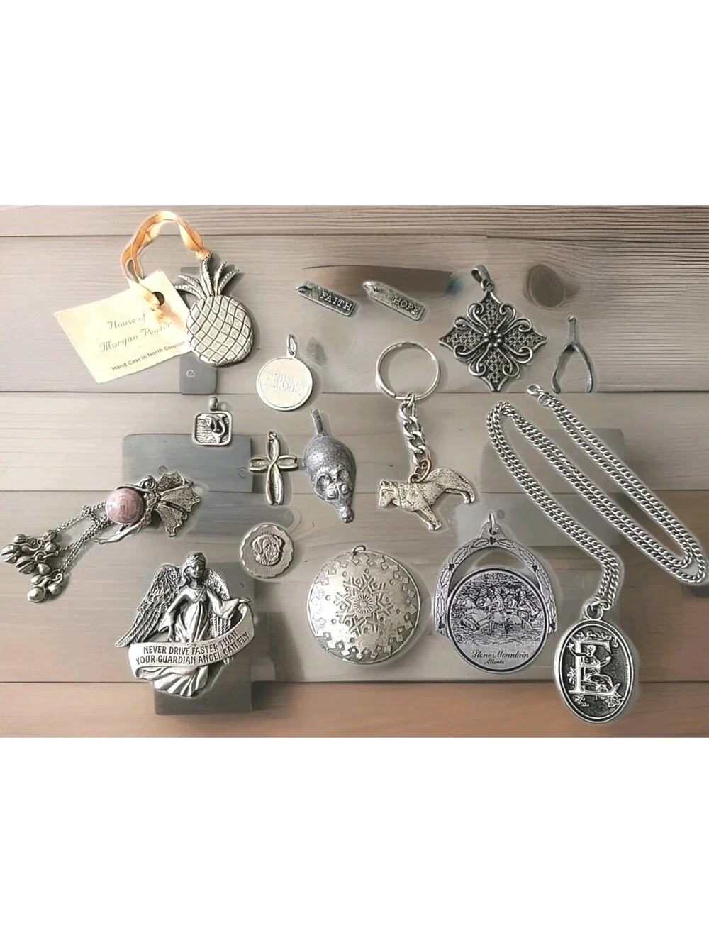 Vintage Signed Pewter Pcs Lot Of Charms Keychain Pin Chain See Up Close Pics